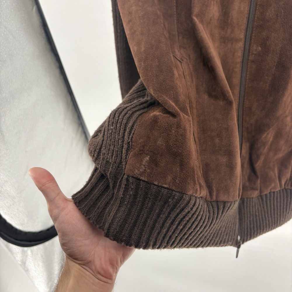 80s Cactus Mens XL Suede Leather Cable Knit Jacket Brown Full Zip Italy Style - Picture 6 of 14